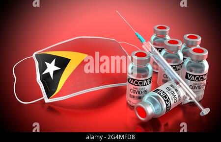 Covid-19, SARS-CoV-2, Coronavirus-Impfprogramm in Timor Leste - Gesichtsmaske, Fläschchen, Spritze - 3D-Illustration Stockfoto