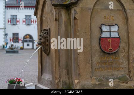 St. Maria Stute und Denkmal auf dem Stadtplatz, historisches Linz an der Rine mit bunten Fachwerkhäusern, Rheinland-Pfalz, Gemrany Stockfoto