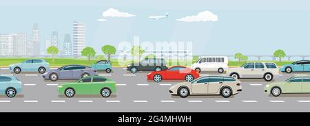 Expressway mit starkem Autoverkehr und Expresszug-Illustration Stock Vektor