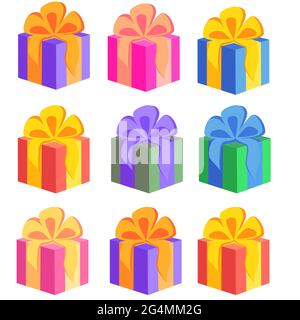 Geschenkschachteln, Geschenke Icon-Set. Verkaufskonzept. Geburtstagsfeier Weihnachten. Cartoon-Elemente, flache Design-Illustration. Stock Vektor