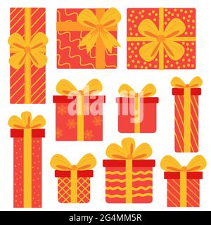 Geschenkschachteln, Geschenke Icon-Set. Handgezeichnete Doodle-Kollektion. Verkaufskonzept. Geburtstagsfeier Weihnachten. Zeichentrickelemente, flaches Design illustrati Stock Vektor