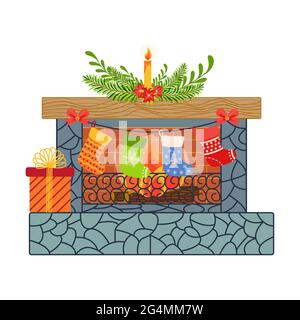 Frohe Weihnachten Abend glückliches neues Jahr Wohnung Interieur für Zuhause Wohnzimmer. Dekorationen, Wandkranz über dem Kamin, rote Weihnachtsstrümpfe. Tannenbaum, Geschenk Stock Vektor