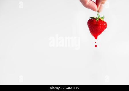 Hand hält Erdbeeren, mit denen roter Saft abfließt Stockfoto