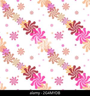 Abstrakte, nahtlose, weiß getönte Illustration mit Blumenmustern in rosa, lila und orange Farben. Stockfoto