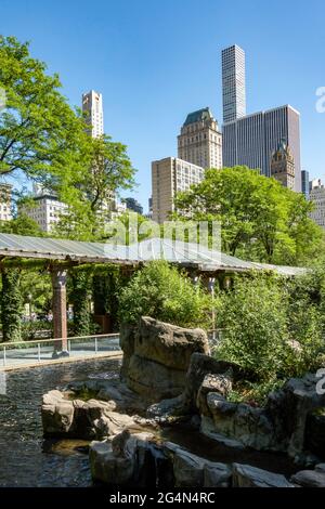 Central Park Zoo mit Wolkenkratzern im Hintergrund, New York City, USA Stockfoto