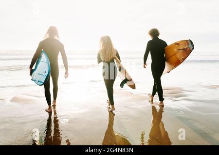 Rückansicht einer nicht erkennbaren Gruppe von Surfer-Freunden in Neoprenanzügen, die mit Surfbrettern zum Wasser laufen, um während der Wellen am Strand zu fangen Stockfoto