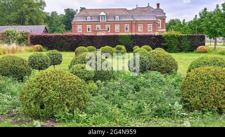 Ländliche Parkszene mit rund getrimmtem Buchsbaum und einer purpurnen Buchenhecke. Schloss Nordkirchen, Deutschland, Oranienburg Stockfoto