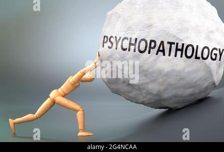 Psychopathologie und schmerzhafte menschliche Verfassung, dargestellt als eine hölzerne menschliche Figur, die schweres Gewicht antreibt, um zu zeigen, wie schwer es sein kann, mit Psychopathen umzugehen Stockfoto