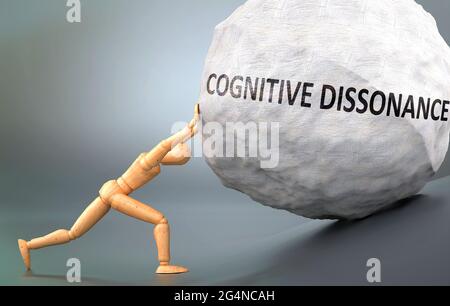 Kognitive Dissonanz und schmerzhafte menschliche Verfassung, dargestellt als eine hölzerne menschliche Figur, die schweres Gewicht antreibt, um zu zeigen, wie schwer es sein kann, mit Cogni umzugehen Stockfoto
