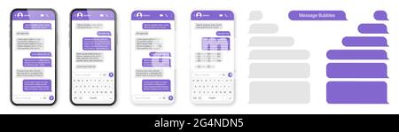 Realistisches Smartphone mit Messaging-App. Leerer SMS-Textrahmen. Chat-Bildschirm mit violetten Nachrichtenblasen. Social-Media-Anwendung. Vektor Stock Vektor