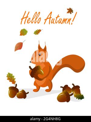 Herbstkarte mit Eichhörnchen und Eicheln. Vektorgrafik. Stock Vektor