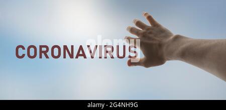 Menschliche Hände schützen und decken vor der Krankheit des Coronavirus-Problems ab Stockfoto