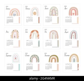 Kalendervorlage Jahr 2022 Boho Regenbögen abstrakte Vektordarstellung im einfachen minimalistischen Stil, Entspannung, Meditation, Baby-Dekor-Konzept, Woche beginnt am Sonntag, editierbare druckbare Seite Stock Vektor