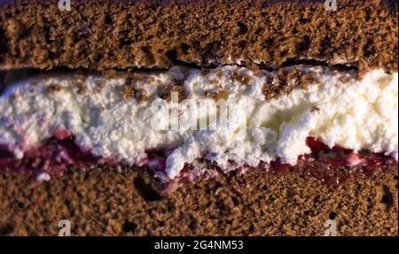 Abstrakte Makrofotografie zeigt ein cremiges Muster auf einem Stück Wuzetka Dessert Schokoladenkuchen mit weißer Cremepastete aus Polen, Pas Stockfoto