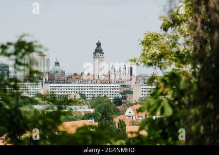 Panoramablick auf die Skyline von Leipzig, Deutschland Stockfoto