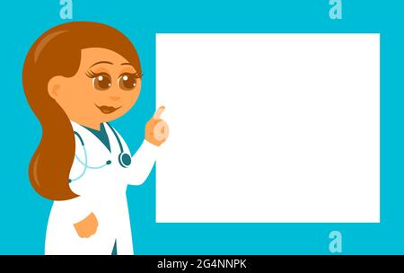 Ärztin mit Stethoskop gibt Empfehlungen. Sie trägt eine weiße medizinische Uniform. Vektorgrafik Cartoon-Illustration mit Platz für Text auf weiß Stock Vektor