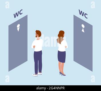 Ein Mann und eine Frau stehen vor den Toilettentüren. WC für Männer und Frauen. Warten auf ihre Reihe. Isometrische Vektordarstellung Stock Vektor