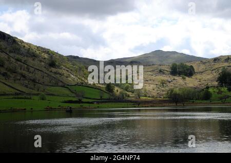 Watendlath Tarn, in der Nähe des Weilers Watendlath im englischen Lake District. Angler können oft gesehen werden Fliegenfischen für Forellen von Booten auf dem tarn. Stockfoto