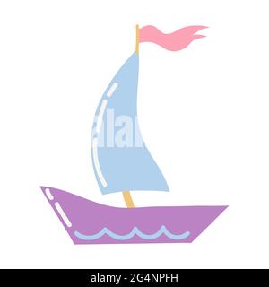 Ein violettes Boot mit blauem Segel und einer rosa Flagge im minimalistischen Cartoon-Stil schwebt auf weißem Hintergrund. Für Kinderdrucke, Symbole oder Embleme. Stock Vektor