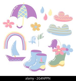 Set von niedlichen Kinderbildern von Cartoon-Objekten zum Thema Regen. Vector Sammlung von Drucken, Sticker, Cliparts für Kinder-Design. Stock Vektor