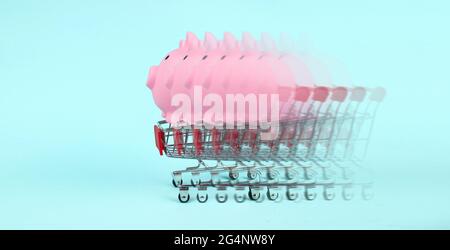 Schnelles Online-Business-Shopping-Konzept. Sparschwein Geht In Den Warenkorb. Das Konzept, beim Einkaufen Geld zu sparen. Stockfoto