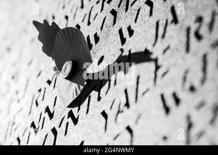 Eineiiger Mohn wirft einen Schatten über einige der 57000 Namen, die während des 2. Weltkrieges ihr Leben verloren und England als Teil des Bomberkommandos verteidigten. Abgebildet in Mem Stockfoto