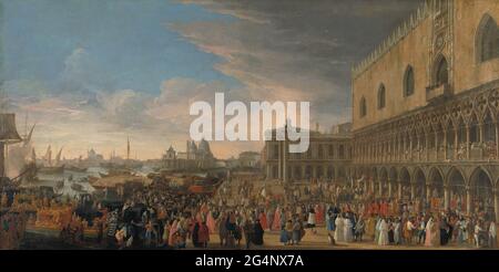 Der Eintritt des französischen Botschafters in Venedig im Jahr 1706. Große gemalte Ansichten von Venedig waren während des 18. Jahrhunderts bei Touristen und Sammlern sehr beliebt. In diesem frühen Beispiel des Genres bilden die Gebäude der Stadt den Hintergrund für ein wichtiges Ereignis, den feierlichen Eintritt des französischen Botschafters Henri-Charles Arnauld de Pomponne. Seine aufwendig verzierten Gondeln werden am Kai vor dem Dogenpalast festgemacht. Stockfoto