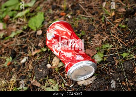 WEISSRUSSLAND, NOVOPOLOTSK - 14. JUNI 2021: Zerknitterte Coca-Cola-Dose im Gras aus nächster Nähe Stockfoto