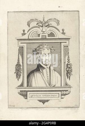 . Porträt des spanischen Dichters Fernando de Herrera, gekrönt mit einem Lorbeerkranz. Das Porträt ist in einem architektonischen Bilderrahmen mit seinem lateinischen Motto gefangen. Stockfoto