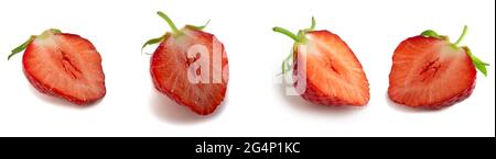Collage von 4 Fotos von Erdbeeren in Ausschnitt isoliert auf weißem Hintergrund. Stockfoto