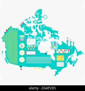 Karte von Kanada wie eine niedliche Maschine mit Knöpfen, Tafeln und Hebeln. Isoliert. Weißer Hintergrund. Stock Vektor