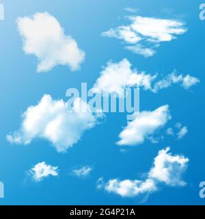Realistischer Satz von weißen flauschigen Sommerwolken auf blauem Hintergrund Stock Vektor
