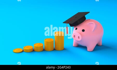 Teure Ausbildung. Münzen mit einem Stapel Stufen und einem Sparschwein in einer Abschlusskappe auf blauem Hintergrund. Einsparungen im Bildungsbereich. 3d-Rendering. Stockfoto