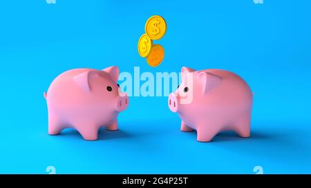 Gewinnbeteiligung durch Sparschweine. Zwei pinke Sparschweine mit Goldmünzen auf blauem Hintergrund. 3d-Rendering. Stockfoto