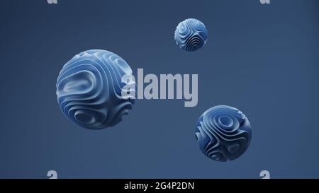 Eine 3D-Darstellung von blauen, kugelförmigen abstrakten Objekten mit ansprechenden Mustern Stockfoto