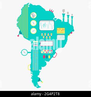 Karte von Südamerika wie eine niedliche Maschine mit Knöpfen, Tafeln und Hebeln. Isoliert. Weißer Hintergrund. Stock Vektor