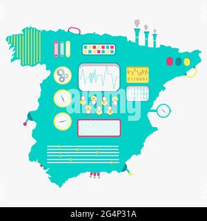 Landkarte von Spanien wie eine niedliche Maschine mit Knöpfen, Tafeln und Hebeln. Isoliert. Weißer Hintergrund. Stock Vektor