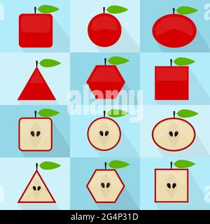 Apfel in verschiedenen geometrischen Formen. Es kann als Symbole verwendet werden. Innen und außen der Frucht. Mit langen Schatten. Stock Vektor