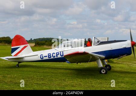 De Havilland Canada DHC1 Chipmunk im klassischen British Airways-Farbkonzept auf dem Flugplatz Little Gransden, Großbritannien. DHC-1 Chipmunk 22, ehemals RAF Stockfoto