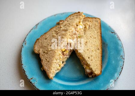 Thunfisch-Sandwich in zwei Hälften geschnitten, serviert auf einem blauen Teller. Stockfoto