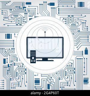 Hintergrund der Elektronikschaltung. Fernseher mit Antenne mit Wellenabstrahlung. Stock Vektor