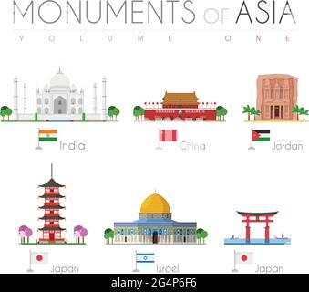 Denkmäler Asiens im Cartoon-Stil Band 1: Taj Mahal (Indien), Verbotene Stadt (China), Petra (Jordanien), Gojunoto-Pagode (Japan), Felsendom (ISR) Stock Vektor