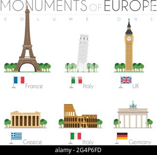 Monumente Europas im Cartoon-Stil Band 1: Eiffelturm (Frankreich), Schiefer Turm von Pisa (Italien), Big Ben (Großbritannien), Parthenon (Griechenland), Kolosseum (Italien) Stock Vektor