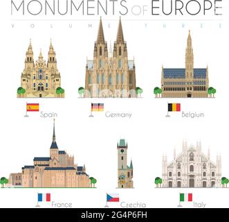 Monumente Europas im Cartoon-Stil Band 3: Kathedrale von Santiago de Compostela (Spanien), Kölner Dom (Deutschland), Brüsseler Rathaus (Belgien), Sa Stock Vektor