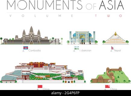 Asiatische Monumente im Cartoon-Stil Band 2: Angkor bat (Kambodscha), Ragastan Samrakand (Usbekistan), Boudhanath Stupa (Nepal), Potala Palace und Great Stock Vektor