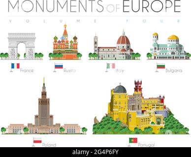 Monumente Europas im Cartoon-Stil Band 4: Triumphbogen (Frankreich), Kathedrale St. Basiliken (Russland), Santa Maria dei Fiore (Italien), Alexander Nev Stock Vektor