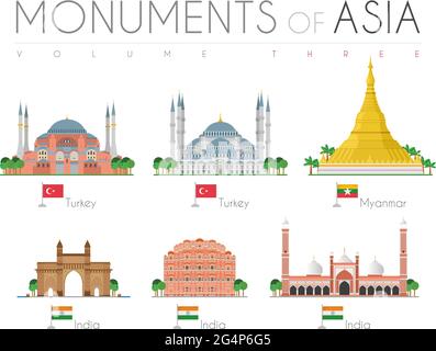 Asiatische Monumente im Cartoon-Stil Band 3: Hagia Sophia und Blaue Moschee (Türkei), Shwedagon Pagode (Myanmar), Tor von Indien, Hawa Mahal und Jama Mas Stock Vektor