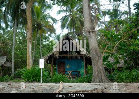 Palomino, La Guajira, Kolumbien - Mai 24 2021: Kleines ökologisches Haus, umgeben von Vegetation, vielen Palmen und anderen Bäumen am Meer Stockfoto