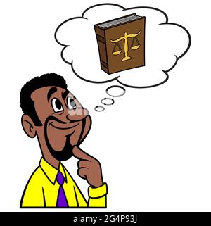 Man Thinking about Law School - EINE Cartoon-Illustration eines Mannes, der über eine Karriere als Praktizierender Anwalt nachdenkt. Stock Vektor