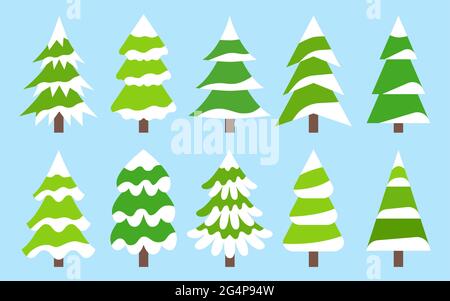 Weihnachtliche grüne Bäume setzen Vektor flach mit Schnee. Aufkleber und Etiketten. Zimmerdekoration, Tischdekoration, Kinderspielzeug. Bestehend aus 3 Teilen. Design-Elemente für den Urlaub. Geschenkpapier. Stock Vektor